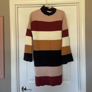 Striped Rib-Knit Long Sleeve Dress in Blush, Burgundy, Mustard & Navy